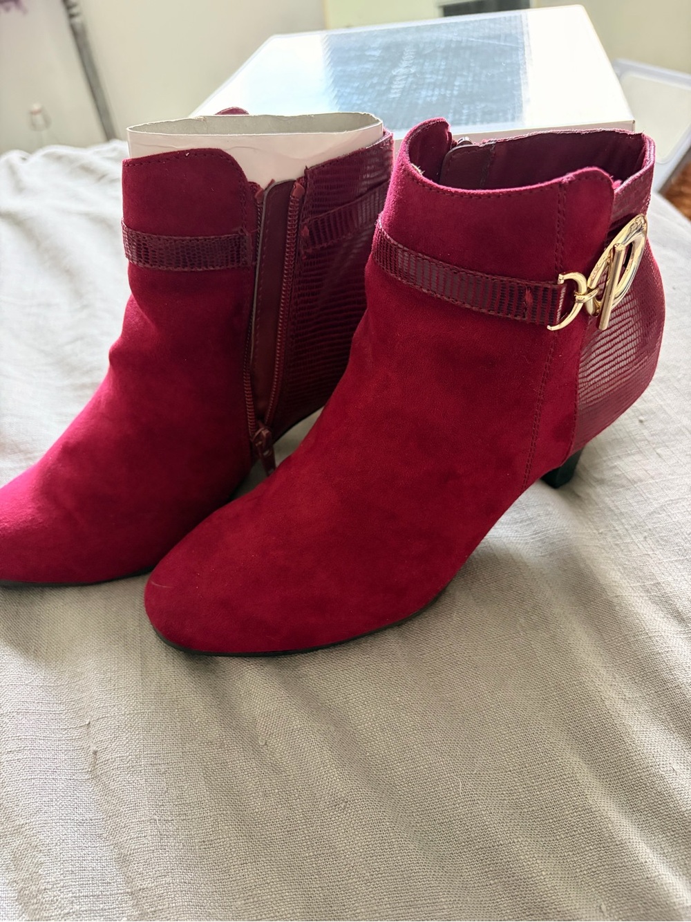Karen Scott Burgundy Suede Ankle Booties with Gold Buckle